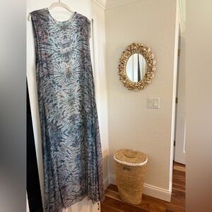 Three wishes Asheville Boutique TieDye long flowing vest. blues,teals & rose